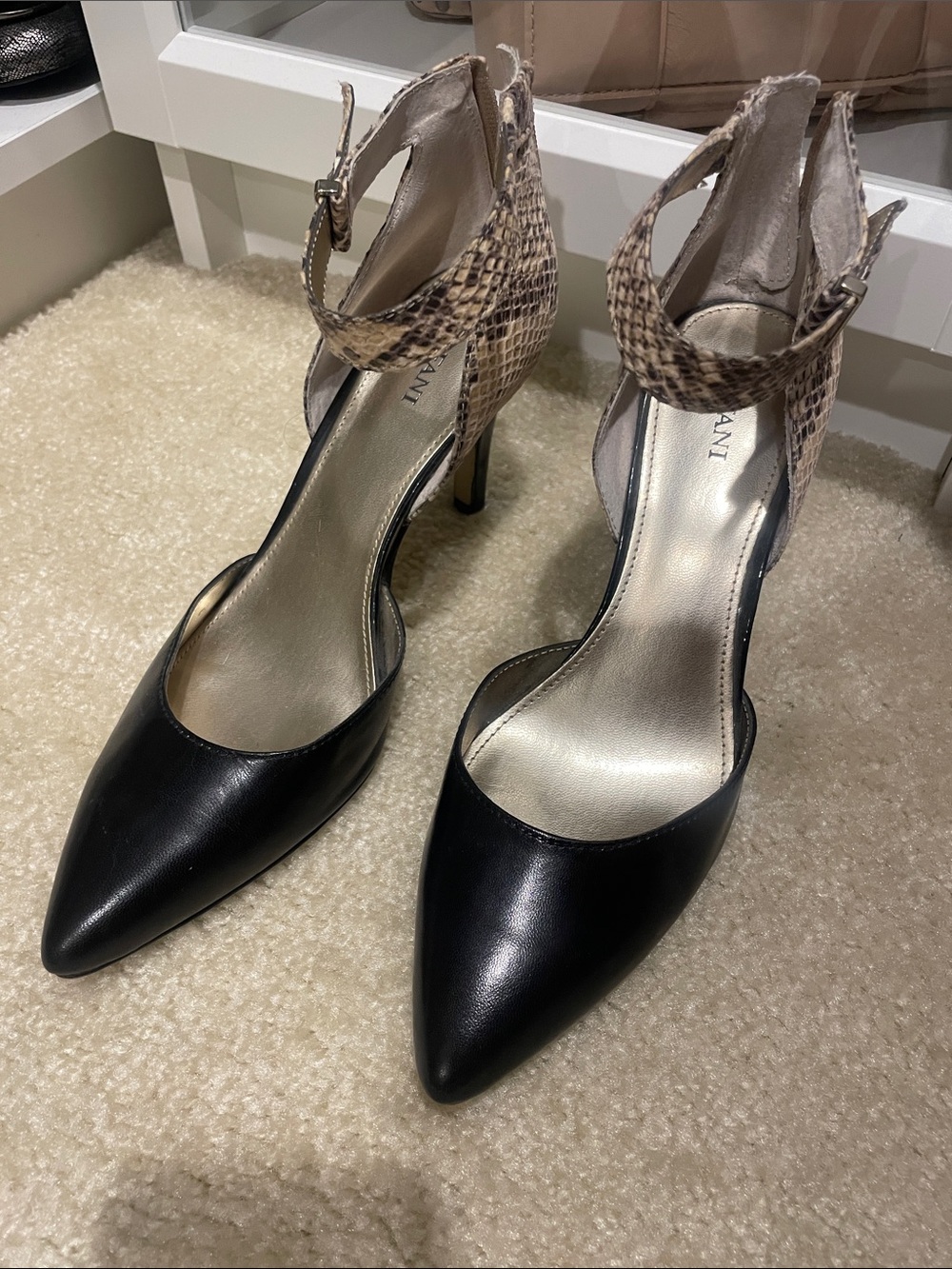 Alfani Black Pointed Pumps with Snakeskin Ankle Strap